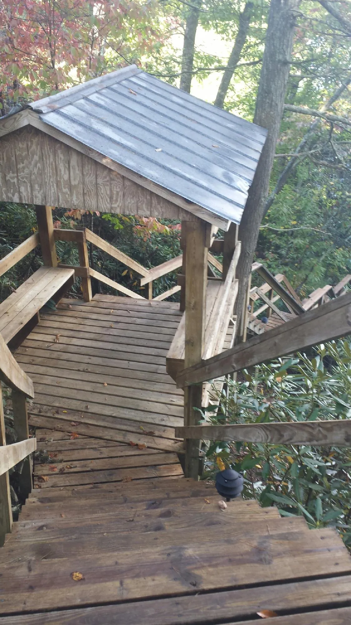 Metal roofed shelter over wooden steps on a wooded walkway — Skylight Repair & Installation work by our crew in Bahama